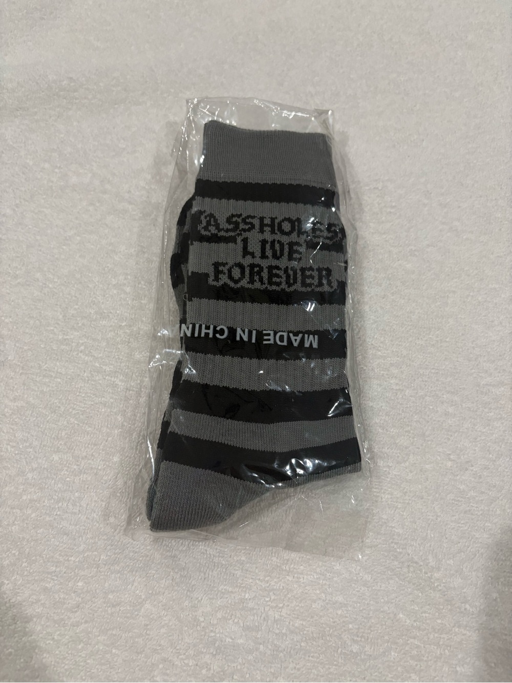 Assholes Live Forever Crew Socks Black and Grey Striped